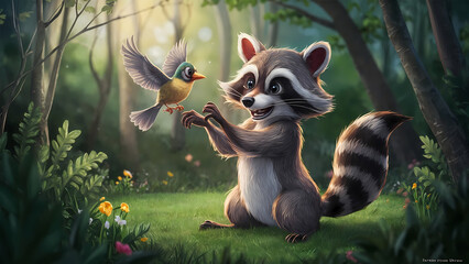 Funny raccoon and bird in a magical forest, digital art, cartoon style