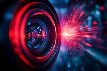 Vibrant Camera Lens Bokeh with Red and Blue Light Burst