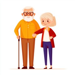 A cheerful elderly couple standing together, showcasing warmth and companionship in a colorful cartoon style.