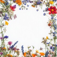 Obraz premium Floral background with wild flowers and copy space on white background.