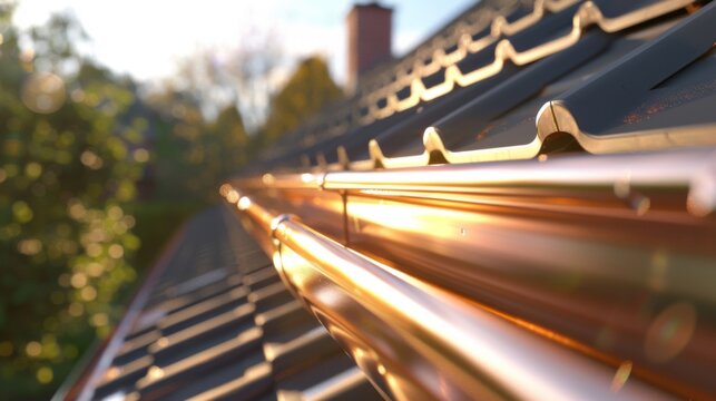 Copper Gutters on a Residential Roof: A Close-Up View