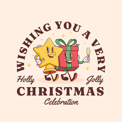 Christmas Groovy Topper Star and Gift Box Retro Characters. Cartoon Xmas Personage Label. Vector Winter Holiday Mascot Template Background. Happy Vintage Cool Illustration Isolated
