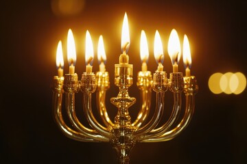 Golden Menorah with Lit Candles