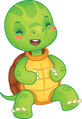 Cheerful cartoon turtle sitting with its legs crossed, eyes closed, and laughing. This cute reptile is sure to bring a smile to your face