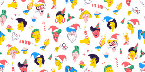 Christmas Party Time unique Characters. Seamless pattern background. Diverse collection of festive faces.