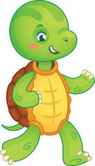 Cute cartoon turtle happily walks by, winking and smiling, perfect for kids and nature themes.