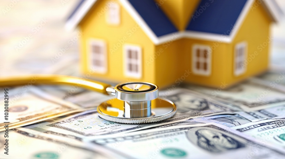 Wall mural a medical stethoscope rests on a stack of dollar bills with a yellow house in the background, symbol