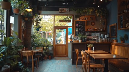 Bright cafe interior filled with plants, wooden furniture, and a welcoming atmosphere, perfect for relaxation and social gatherings.