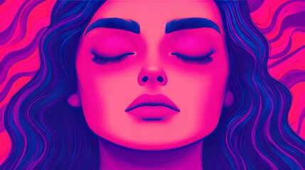Closeup portrait of a woman with closed eyes in a vibrant pink and blue color scheme.