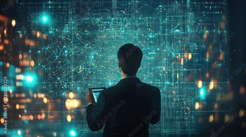 Aufkleber Man in Suit Viewing Digital Network Data on a Screen