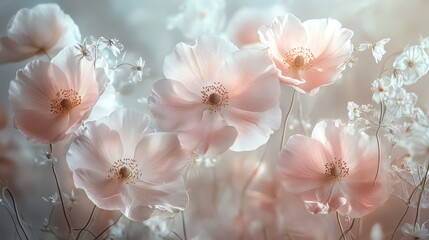 Delicate pink flowers gently sway, creating a serene atmosphere filled with beauty and grace in a soft, dreamy light.