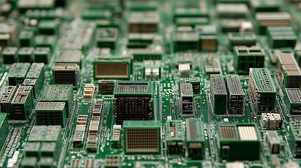 Close-up of a green circuit board with various electronic components.