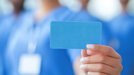 A professional holds a blue card, symbolizing identification or certification in a healthcare or corporate environment.