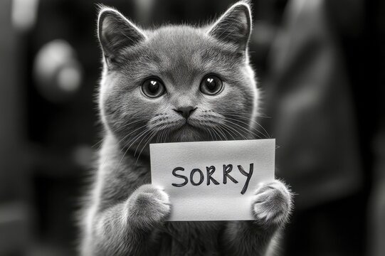 Sad cat holding SORRY sign &ndash; black and white funny animal portrait with emotional expression