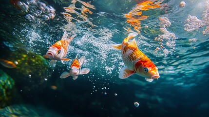 Koi fish swimming in clear blue water with colorful ripples, captured midmotion, highenergy, underwater photography, dynamic koi fish