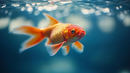 Fototapeta premium Single koi fish in vivid red and gold, rippling water, dynamic underwater movement, minimalist background, koi fish elegance