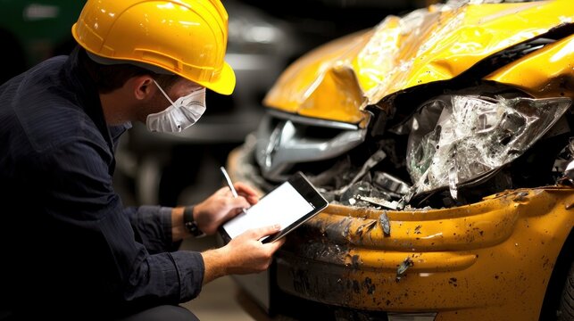 A safety inspector examines a damaged yellow car, documenting findings with a tablet while wearing a hard hat and mask.
