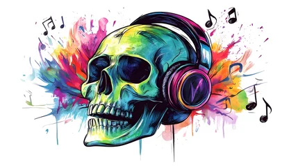 colorful skull with headphones on watercolor painting art background,generative ai