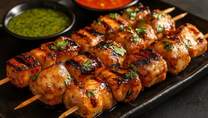 Deliciously grilled chicken skewers served with vibrant dips, perfect for any culinary occasion or food photography.