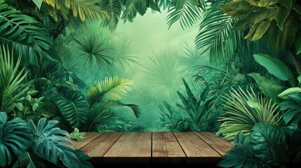 Jungle table background. Interior table for a cosmetic item against the backdrop of tropical plants 
