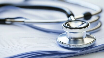 Close-up of a stethoscope resting on medical papers, symbolizing healthcare, examination, and medical professionalism.