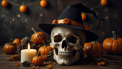 Generate an image of a skull wearing a witch hat surrounded by Halloween decorations
