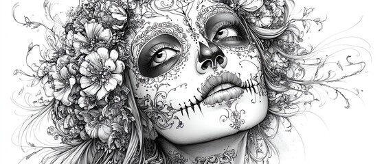 Fototapeta premium An intricately designed skull face surrounded by floral elements, showcasing the beauty of life and death in a striking monochrome portrait.