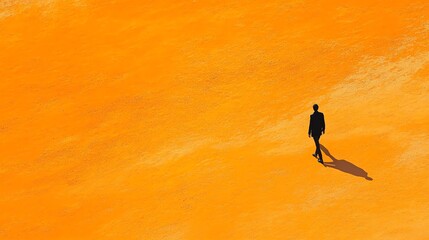 A solitary figure walking across a vibrant orange landscape, casting a long shadow and evoking feelings of isolation and contemplation.