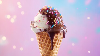 Ice cream cone covered in chocolate sauce dripping down the sides and colorful sprinkles on a pink and blue background with bokeh