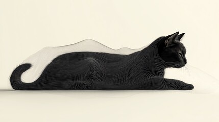 A sleek black cat elegantly stretched out, blending with a soft, translucent fabric, embodying calm and serenity.
