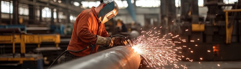 Fototapeta premium Welder working on a metal pipe, sparks flying in an industrial setting.