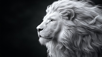 Naklejka premium Powerful white lion with a flowing mane stands out against a dark background, exuding strength and capturing attention with its intense gaze