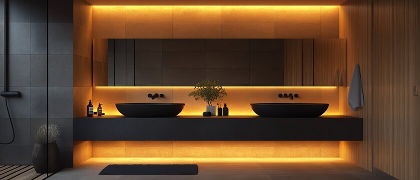 Contemporary bathroom interior featuring sleek black sinks and warm ambient lighting for a modern aesthetic and relaxing atmosphere.