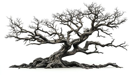 Fototapeta premium Bare, twisted tree with sprawling branches, isolated on white, evoking eerie desolation and ancient mystery spooky tree, haunted, ancient