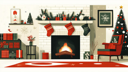 Obraz premium Stylish Christmas living room with decorated fireplace, stockings, and festive tree 