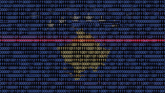 Binary code on flag of Kosovo. Program source code or Hacker concept on Kosovan flag. Kosovo digital technology security, hacking or programming