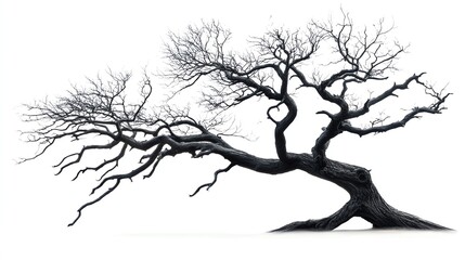 Crooked, bare tree with contorted branches, isolated on white, creating a hauntingly barren silhouette spooky tree, barren, haunting