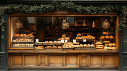 A charming bakery display featuring various fresh breads and pastries.