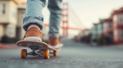 A close-up of a skateboard in motion on the street, capturing the texture of its wheels and the dynamic stance of the skateboarder, epitomizing movement and style.