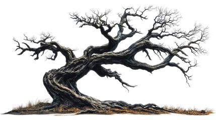 Twisted ancient tree with no leaves, standing on a white backdrop, perfect for eerie or supernatural themes spooky tree, isolation, supernatural