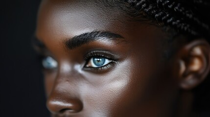 A striking image capturing the detailed close-up of a model with intricate braided hairstyle and captivating blue eyes, presenting a regal and enchanting aura.