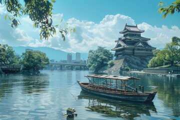 Fototapeta premium Riverfront Building with Boat