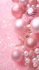 Pink christmas ornaments sparkle on glitter, creating a festive atmosphere. Perfect for greeting cards or invitations. Versatile image with copy space