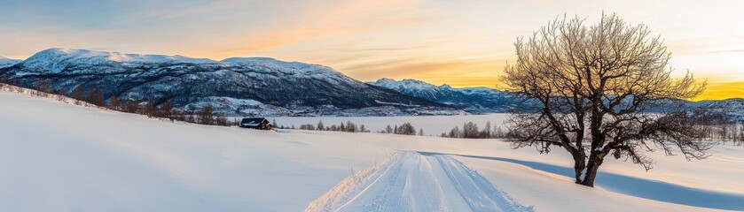 Fototapeta premium Winter landscape with snow-covered mountains and a solitary tree at sunset.
