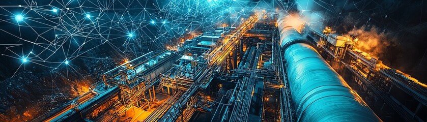 Fototapeta premium Aerial view of an industrial complex with smoke and digital connections illustrating modern technology in manufacturing.