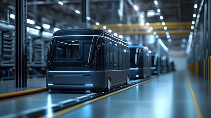 Obraz premium Futuristic transportation concept showcasing modern buses in a well-lit manufacturing facility.