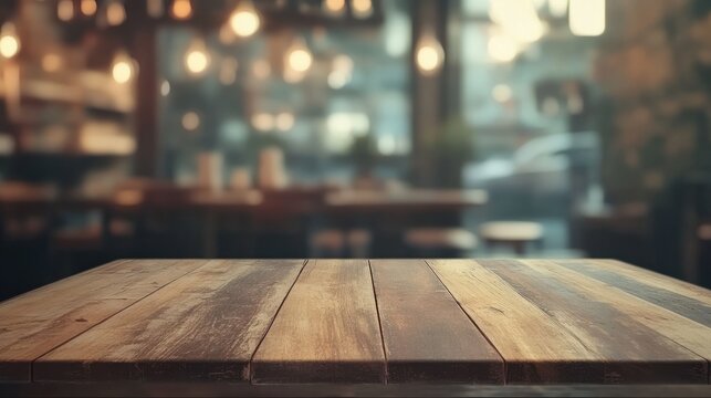 Empty wooden table space platform and blurry defocused restaurant interior, Vintage tone