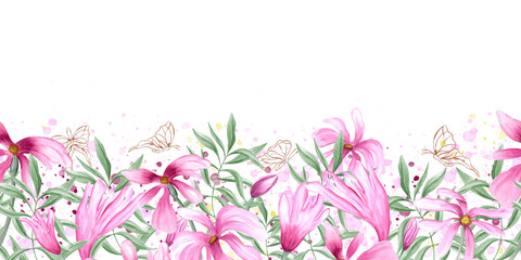 Pink magnolia, green leaves and fluttering golden butterflies horizontal seamless banner on watercolor splashes. Spring flowers illustration with copy space for text. For invitation, greetings, decor