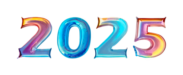 3D chrome holographic element in Y2K style, isolated background, liquid metal. The year 2025, colorful and vibrant letters.