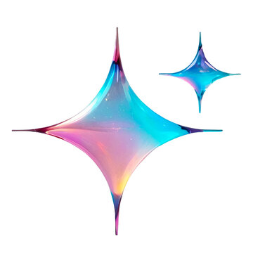 3D chrome element in Y2K style, isolated background, liquid holographic metal. Pair of colorful, glowing stars, objects with shiny surface, different colors.